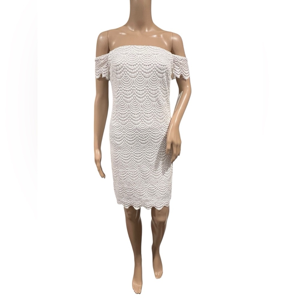 Lilly Pulitzer Jade Dress White Off Shoulder Scalloped Shell Lace Stretch XS